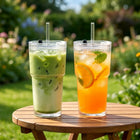 2x Kubek szklany z pokrywką słomką szczelny na napoje kubki szklanki 500 ml do lemoniady i koktajli, przezroczyste