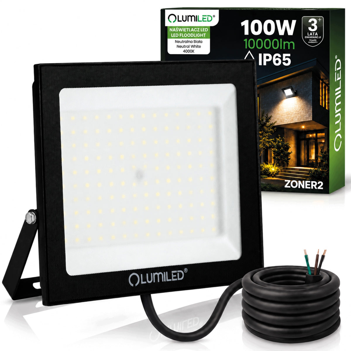 Naświetlacz LED Halogen 100W 10000LM 4000K IP65 Zewnętrzny Reflektor Lampa oświetlenie posesji, podjazdu i garażu