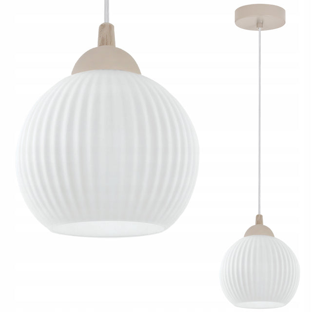 Lampa wisząca sufitowa żyrandol kaszmir BEŻ szklana biała kula pojedyncza oświetlenie do salonu i jadalni, oprawa E27, klosz 14 cm, moc 60 w