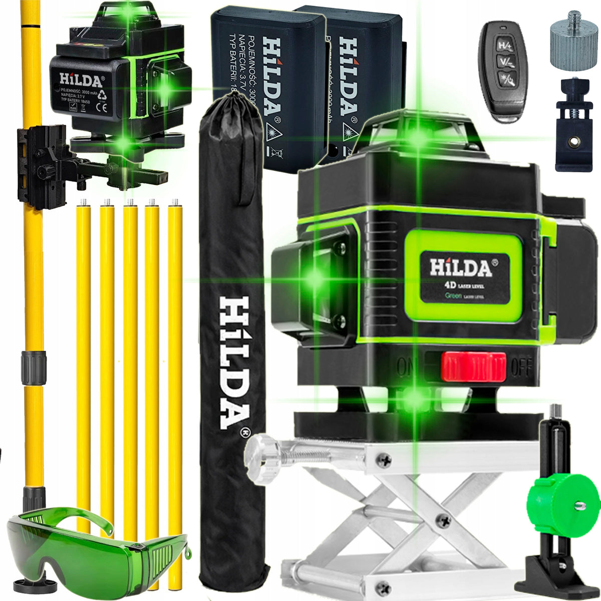 Poziomica laserowa hilda 16 linii laser krzyżowy 4D zielony tyczka 4,2m niwelator budowlany, 360°, zasięg 35 m