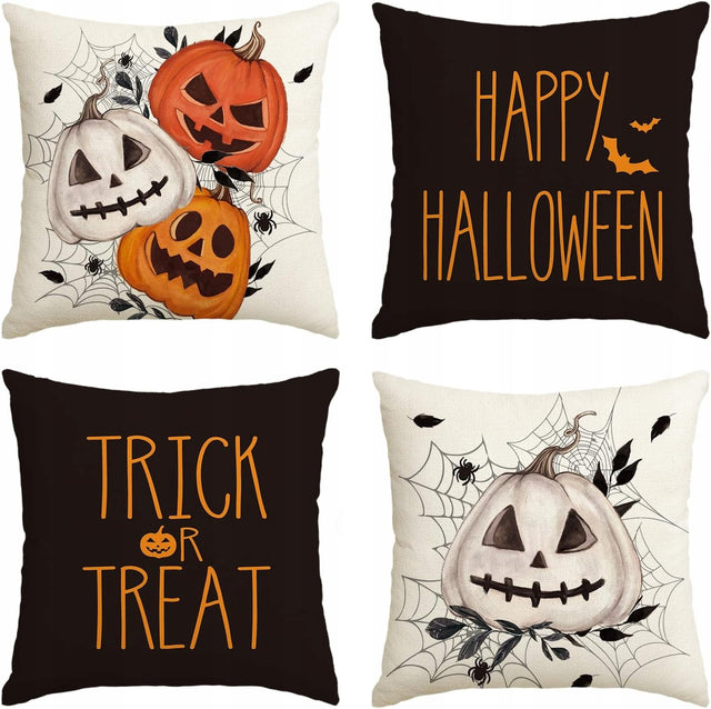 Zestaw 4 Poszewek na Poduszki Halloween Pomarańczowe z Dyniami 40x40 cm pokrowce dekoracyjne, powłoczki poliestrowe, zamek błyskawiczny