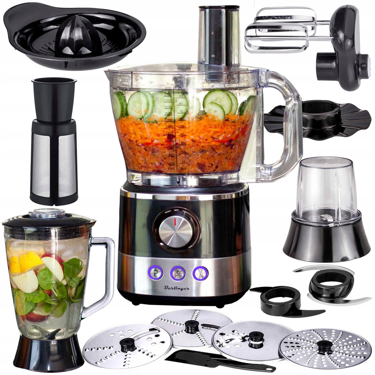 Robot kuchenny wielofunkcyjny 1600W malakser szatkownica wyciskarka blender misa 3 l, koktajler 1,5 l, młynek