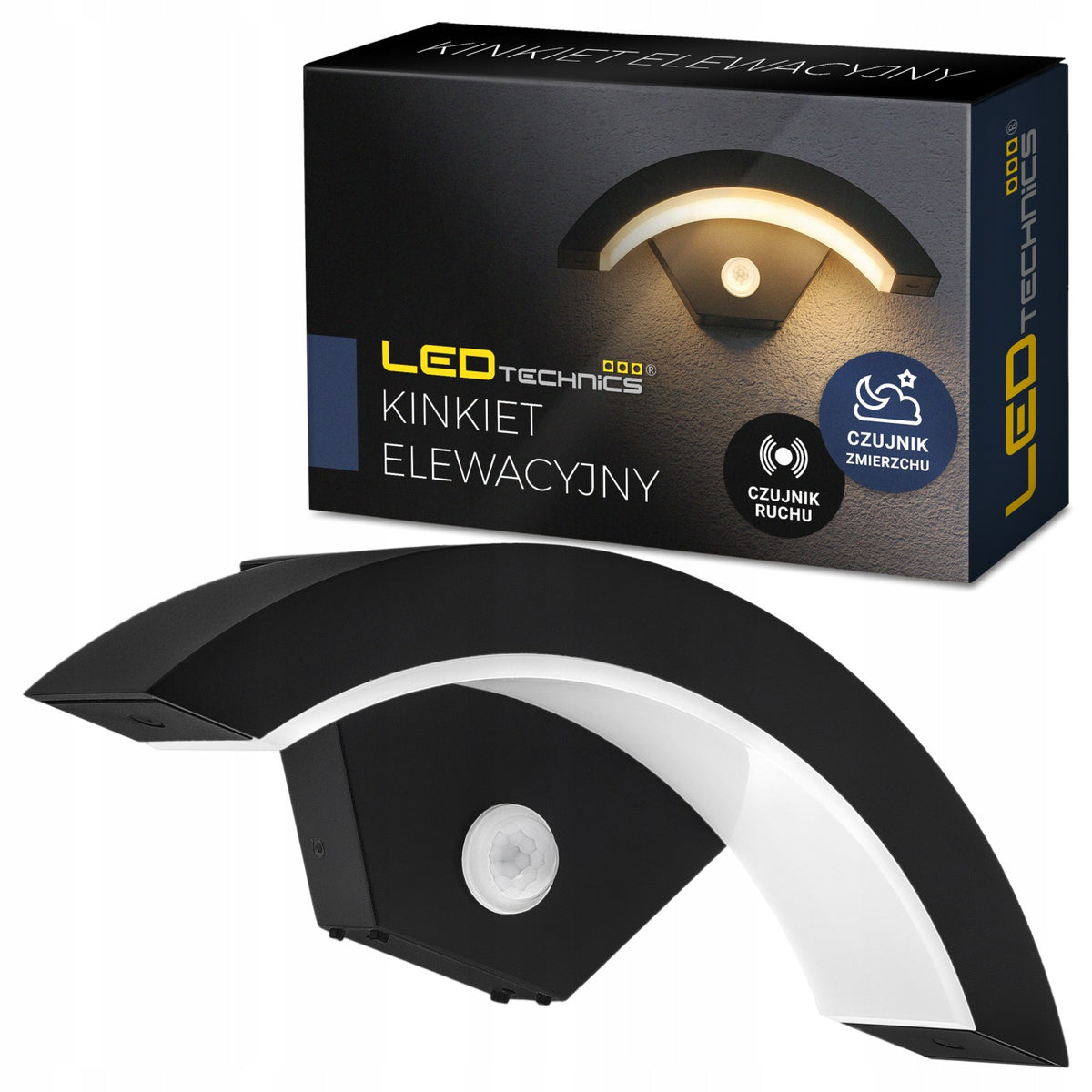 Kinkiet Zewnętrzny LED Lampa Elewacyjna IP65 Czujnik Ruchu Zmierzchu oprawa fasadowa ścienna czarna 12W ze