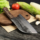 NÓŻ TASAK KUCHENNY DO MIĘSA OSTRY SOLIDNY RĘCZNY KUTY CHEF siekacz, stalowe ostrze 19,8 cm, drewniany uchwyt