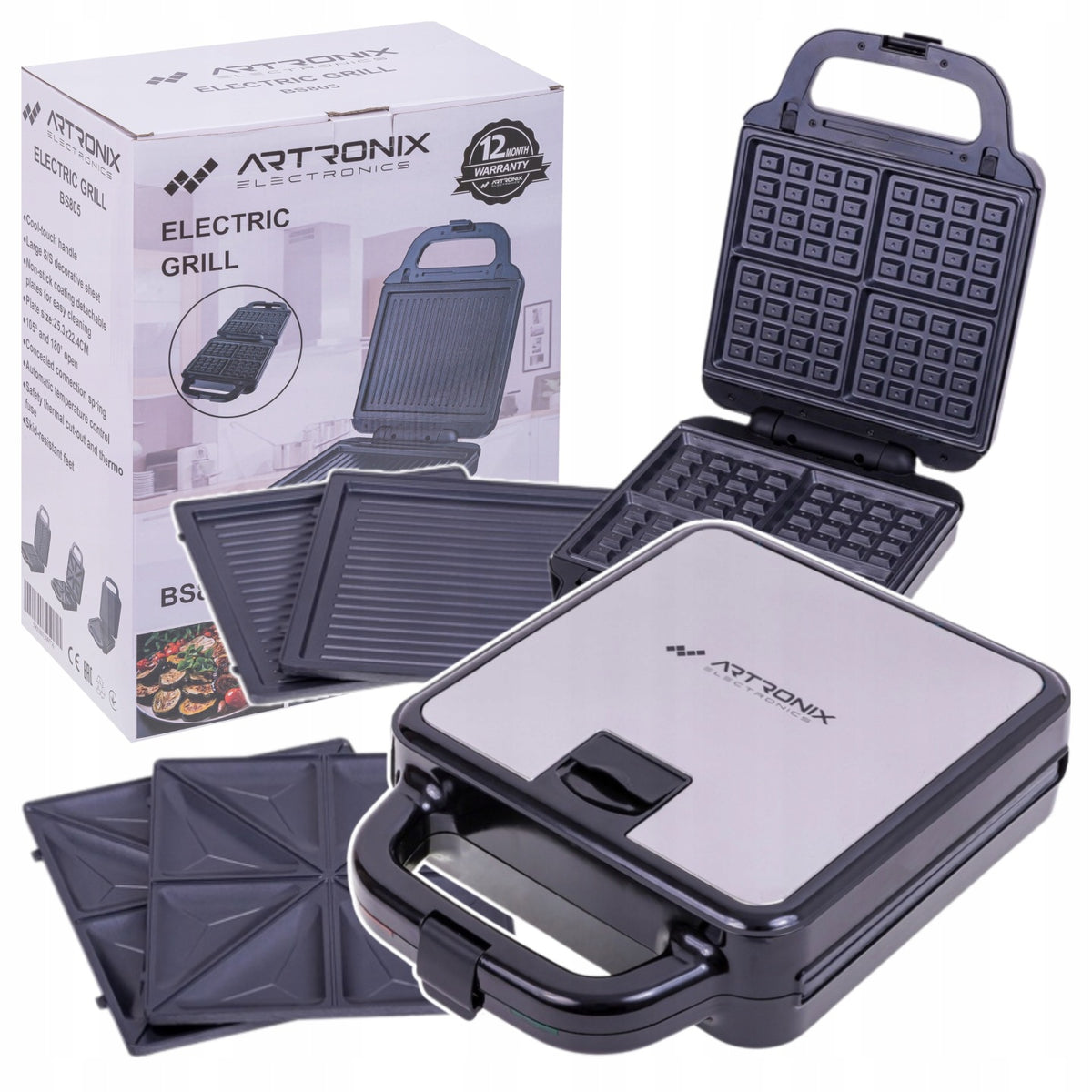 Gofrownica Opiekacz do Kanapek Toster Sandwich Grill Panini 3w1 1400W nominalna czarny