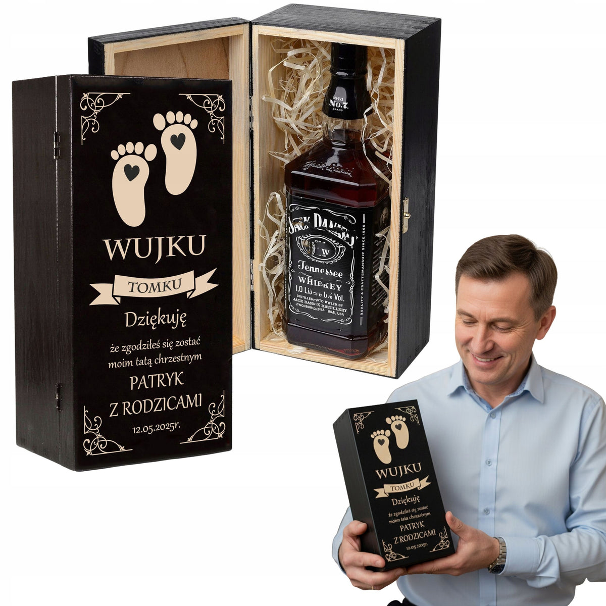 Prezent podziękowanie dla ojca chrzestnego – pudełko z grawerem / BOX opakowanie na alkohol, skrzynka urodzinowa