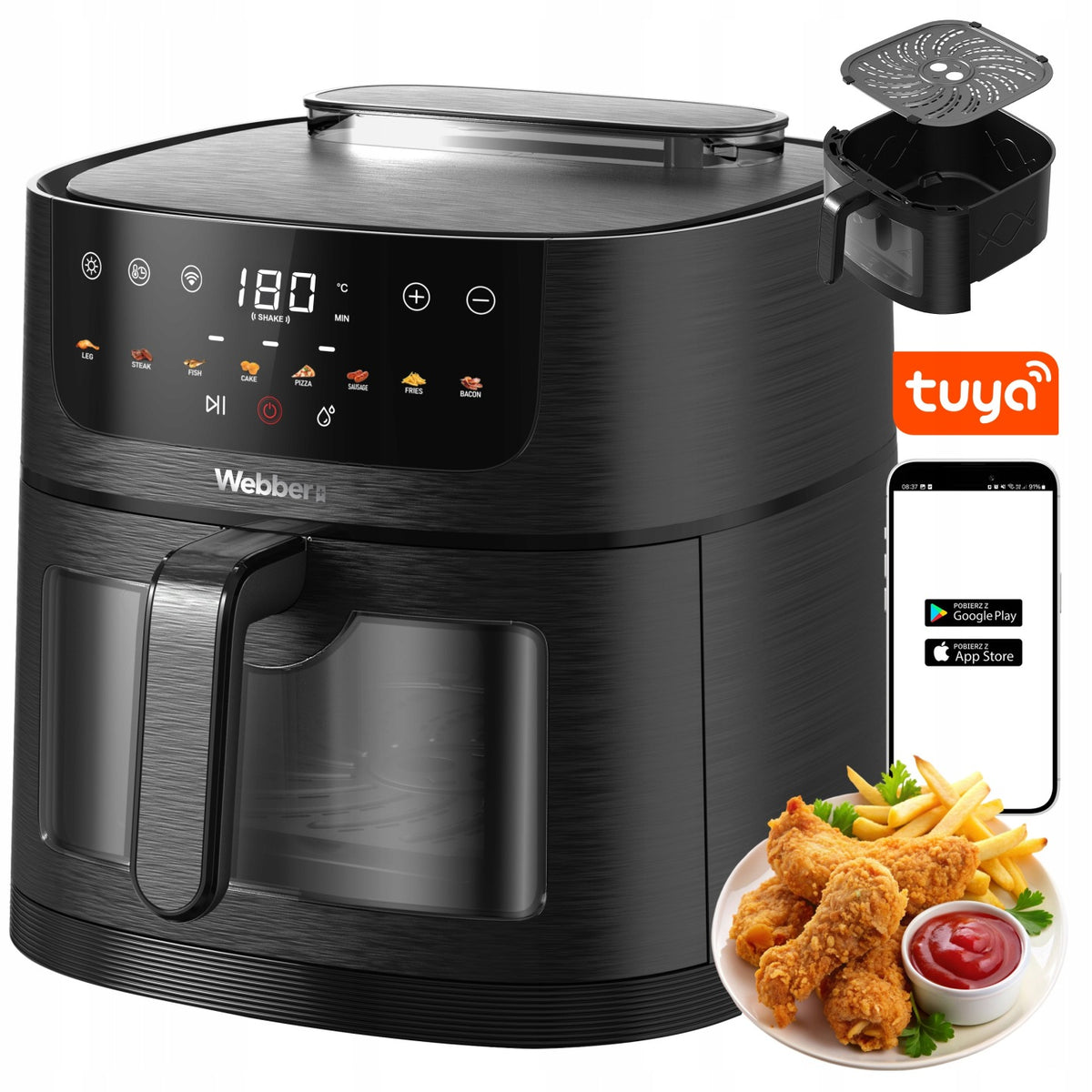 Frytkownica beztłuszczowa 8l Air Fryer Webber 1800W +wifi +8 programów para czarny