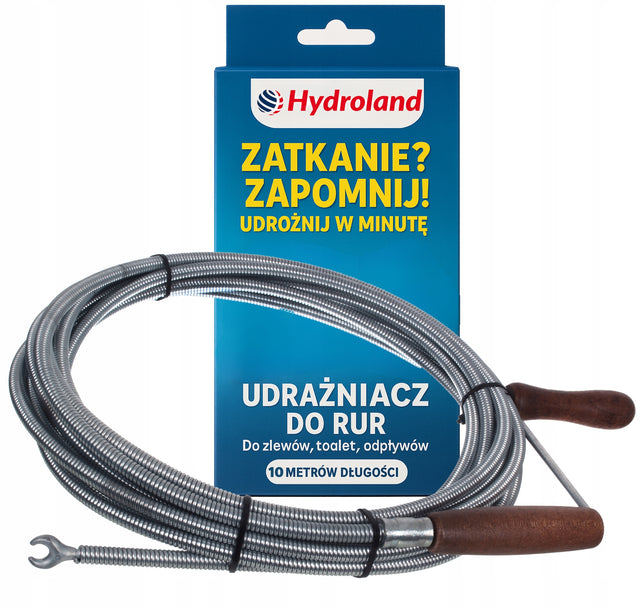 Spirala kanalizacyjna 10 m RUR żmijka kanalizacyjna do przetykania RUR WĄŻ udrażnianie odpływów, sprężyna czyszcząca, drewniany uchwyt, średnica 9 mm