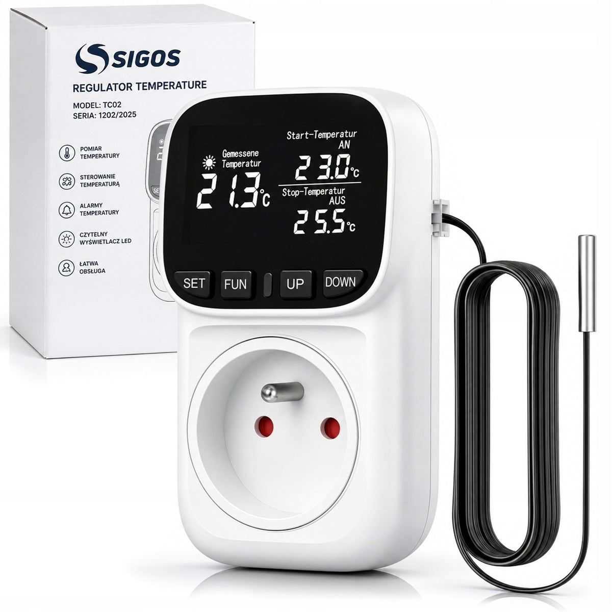 TERMOSTAT ELEKTRONICZNY REGULATOR TEMPERATURY GNIAZDO SIECI 230V max. 3680W termometr