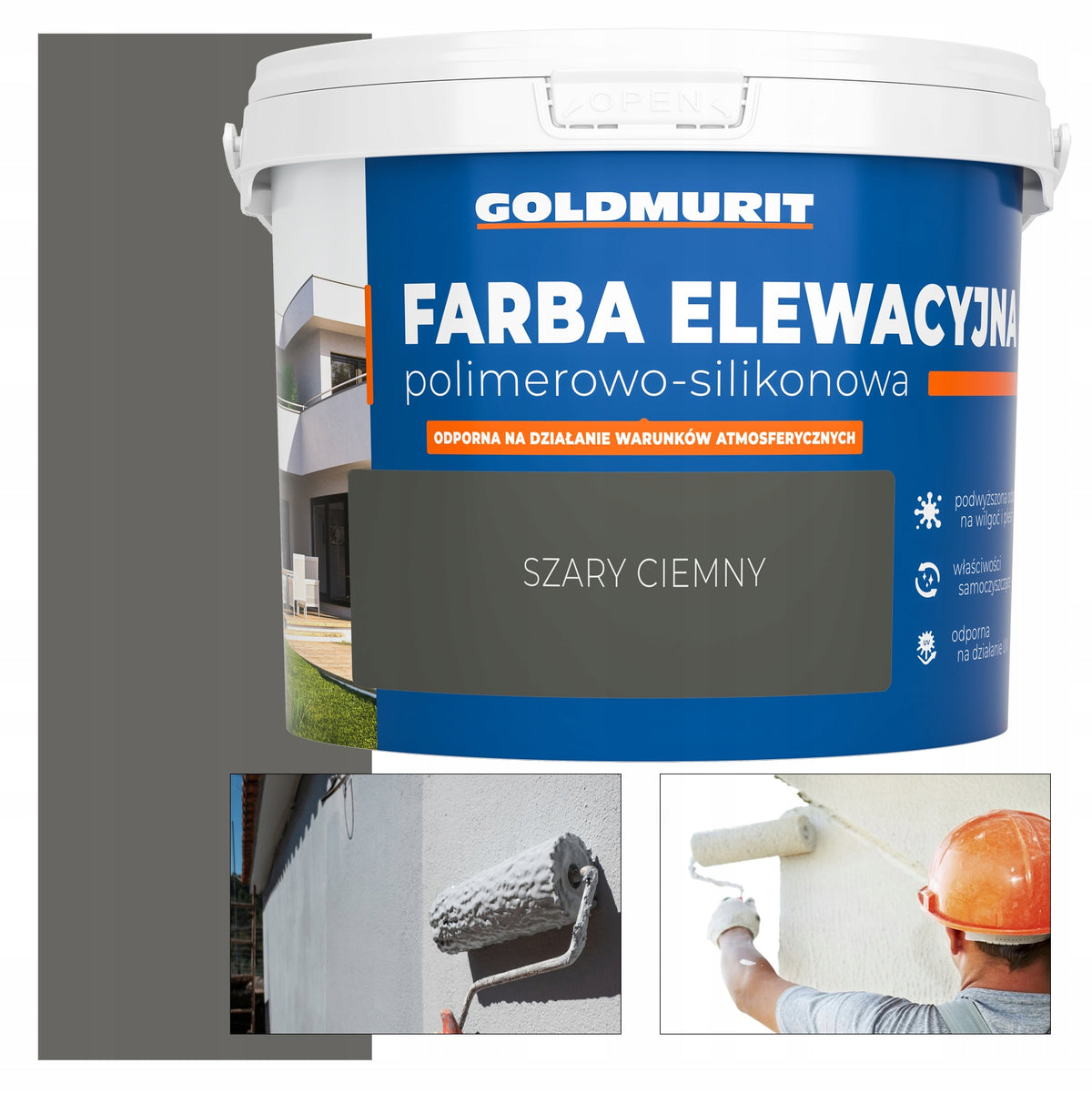Farba Silikonowa Elewacyjna Fasadowa do Betonu Szara Matowa 10 L Goldmurit do ścian zewnętrznych, strukturalna, druga