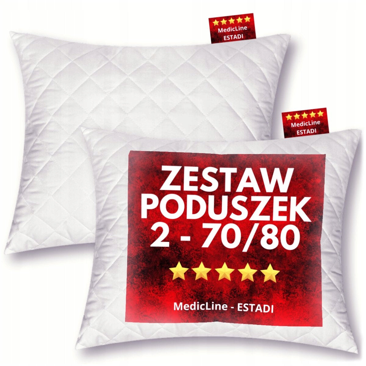 2 szt Poduszka 70x80 - Antyalergiczna Pikowana +Suwak +Regulacja Wysokości do spania, wypełnienie z poliestru
