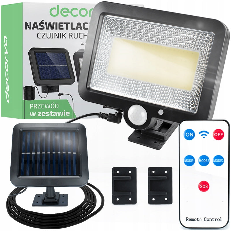 Lampa solarna LED czujnik ruchu zmierzchu osobny panel solarny kabel 5m naświetlacz zewnętrzny IP65 1000 lm 10 w 4500 K