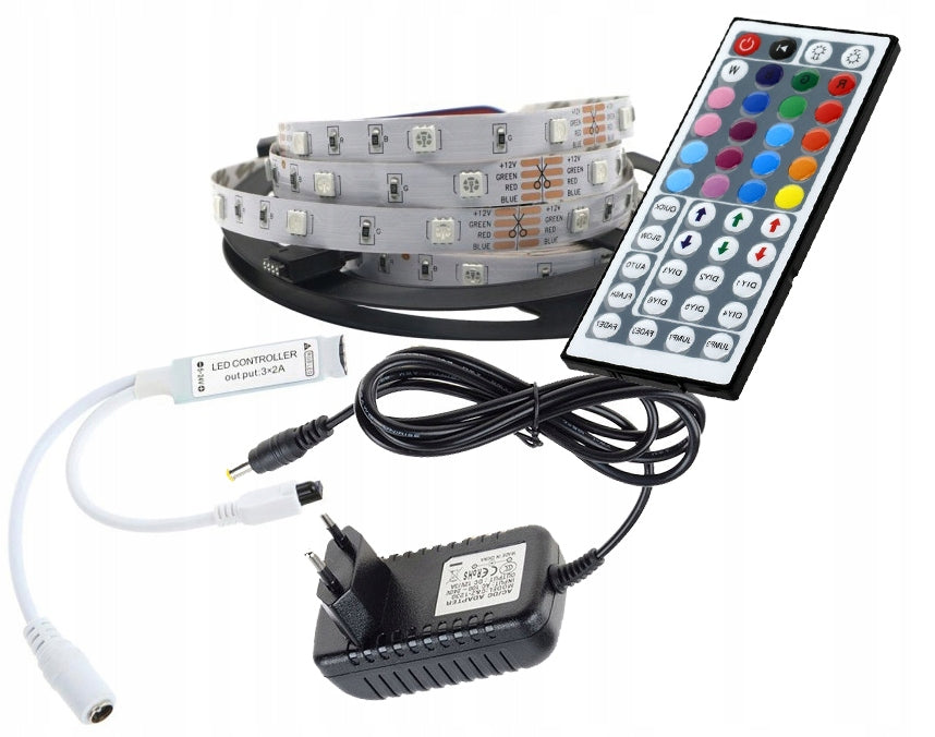 Taśma LED zestaw 150 RGB 3m + sterownik IR44 + zas oświetlenie dekoracyjne do salonu i sypialni, wielokolorowe, 230 V