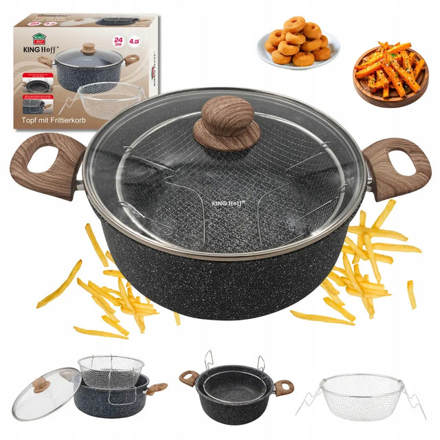 Garnek do frytek 24 cm / 4 L z koszykiem i pokrywką, KINGHoff KH-1985 frytownica domowa do smażenia, powłoka marmurowa, na indukcję