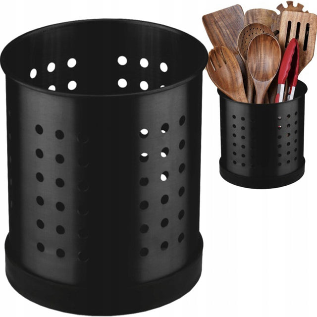 Pojemnik ociekacz na sztućce noże przybory kuchenne koszyk stojak czarny suszący organizer metalowy do widelców i łyżek przy zlewie 12,5 × 18 cm