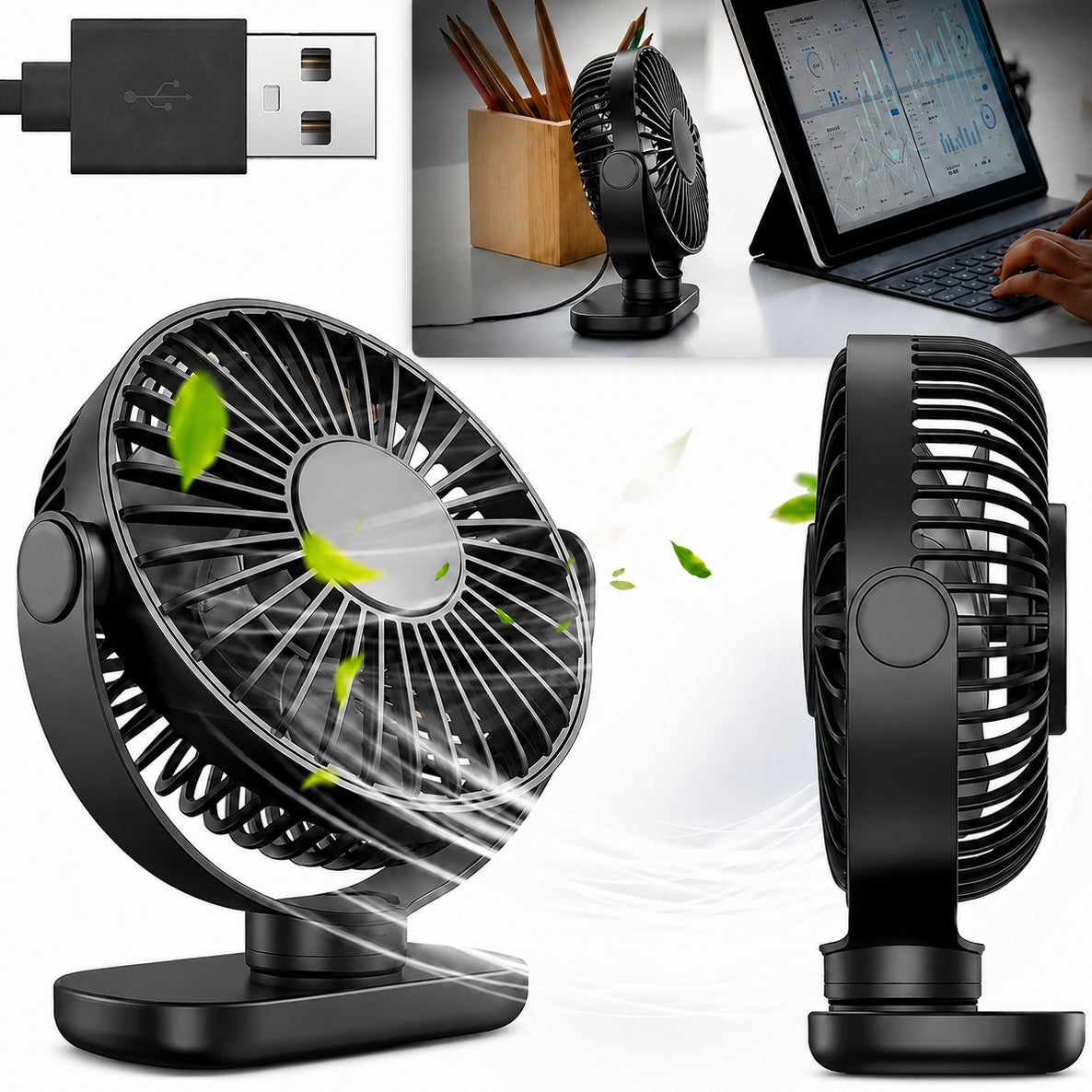Wiatrak USB Cichy mini wentylator biurkowy chłodzenie TOPK K62C czarny stołowy z regulacją kąta nachylenia, sterowanie