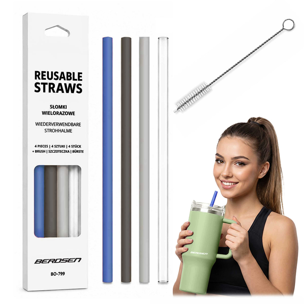 SŁOMKI DO KUBKA BERDSEN PLASTIKOWE WIELORAZOWE ZESTAW 4 szt + SZCZOTECZKA rurki do picia, do napojów i koktajli