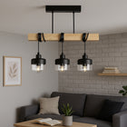 Lampa sufitowa wisząca żyrandol LED 3x E27 oprawa loft drewno szklana czarna do salonu jadalni kuchni, 3 punkty, do 50
