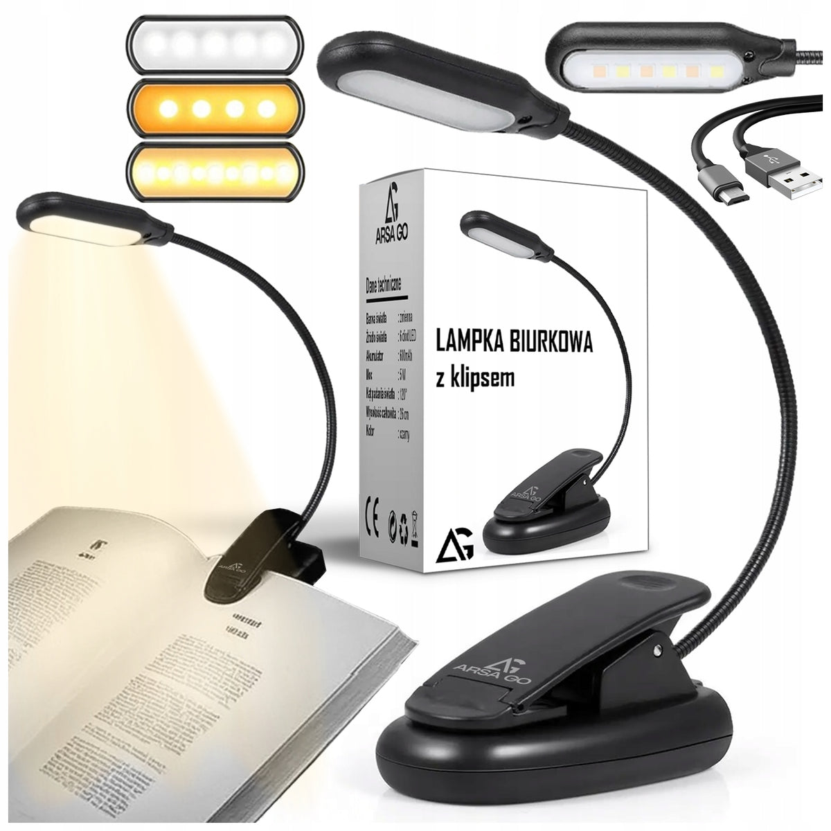 LAMPKA DO CZYTANIA KSIĄŻEK LED NOCNA BIURKOWA BEZPRZEWODOWA USB Z KLIPSEM akumulatorowa 26 cm czarna do łóżka i podróży