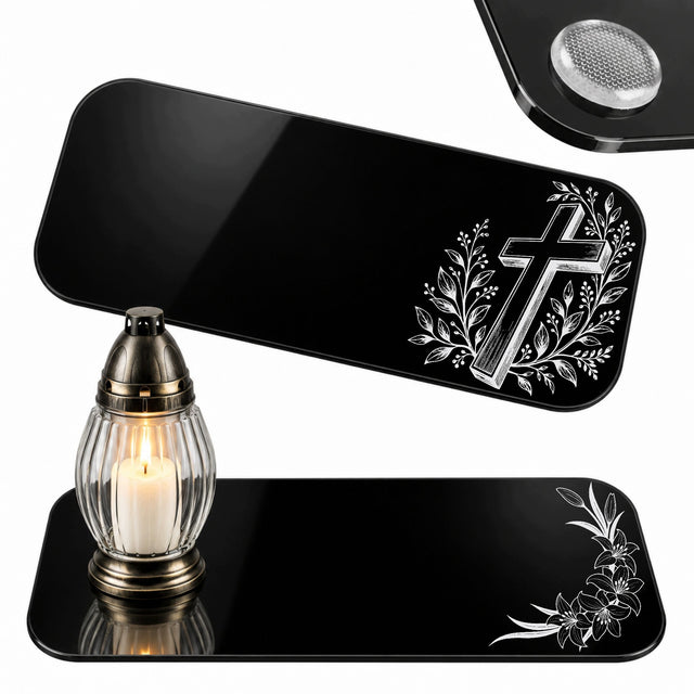 Podstawka Pod Znicze Podkładka na grób 30 x 14 cm Czarna Duża Grawerowana mata cmentarna z plexi, akrylowa osłona na cmentarz