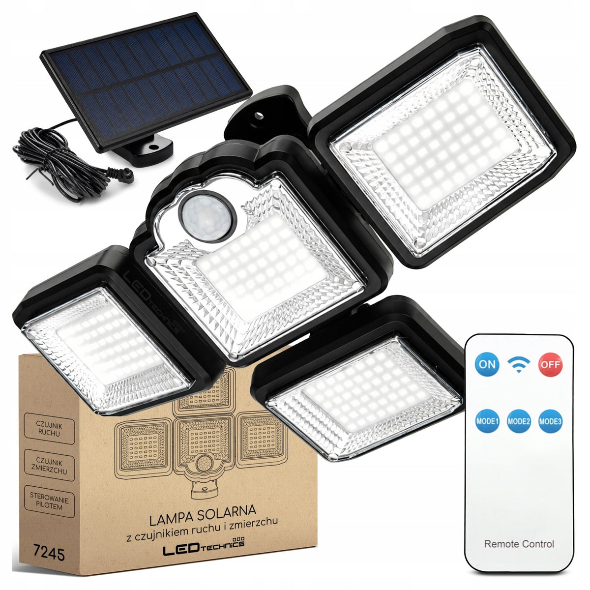 Lampa Solarna LED Czujnik Ruchu Zmierzchu Naświetlacz Zewnętrzny + Pilot reflektor ogrodowy IP65 6000 K zimna biel do