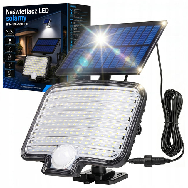 Lampa solarna uliczna LED ogrodowa z czujnikiem zewnętrzna elewacyjna naświetlacz do podjazdu i wejścia, zimne światło 6500K, IP44, 600 lm