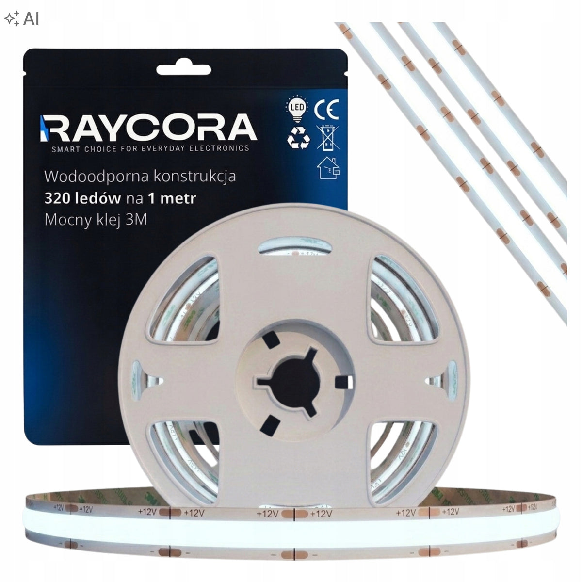 Taśma LED 12V COB 10m IP20 Światło 320LED/metr Mocna 6000K Światło Chłodne pasek świetlny do wnętrz, oświetlenie