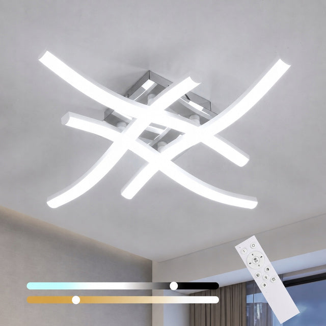 Lampa sufitowa LED żyrandol biały+chrom nowoczesna do salonu z pilotem 28W oprawa wisząca aluminiowa 4-punktowa, wysokość 45 cm, do jadalni