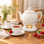 Komplet Dzbanek z Podgrzewaczem 900ml + Filiżanki 240ml Porcelana Zestaw imbryk do herbaty, czajniczek, 2 spodki