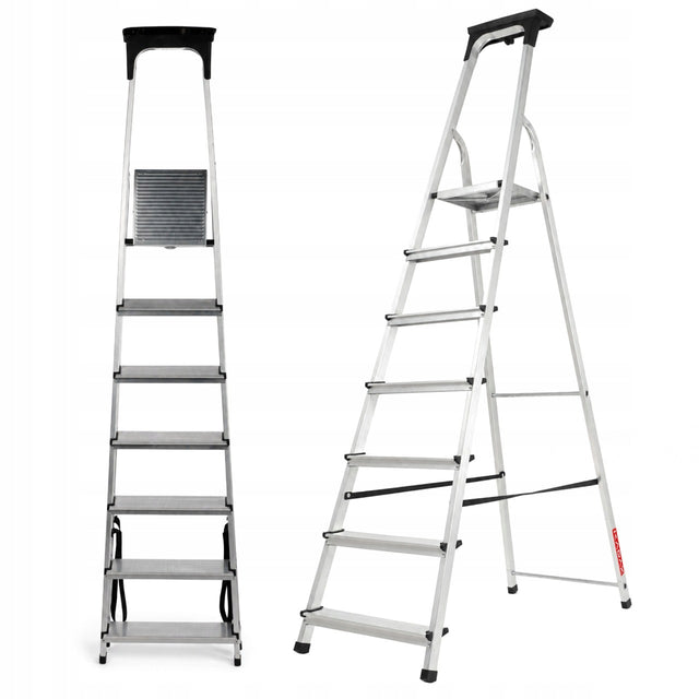 Drabina aluminiowa 7 stopniowa składana domowa półka 125kg produkt polski dwustronna do prac na wysokości, wysokość robocza 3,4 m