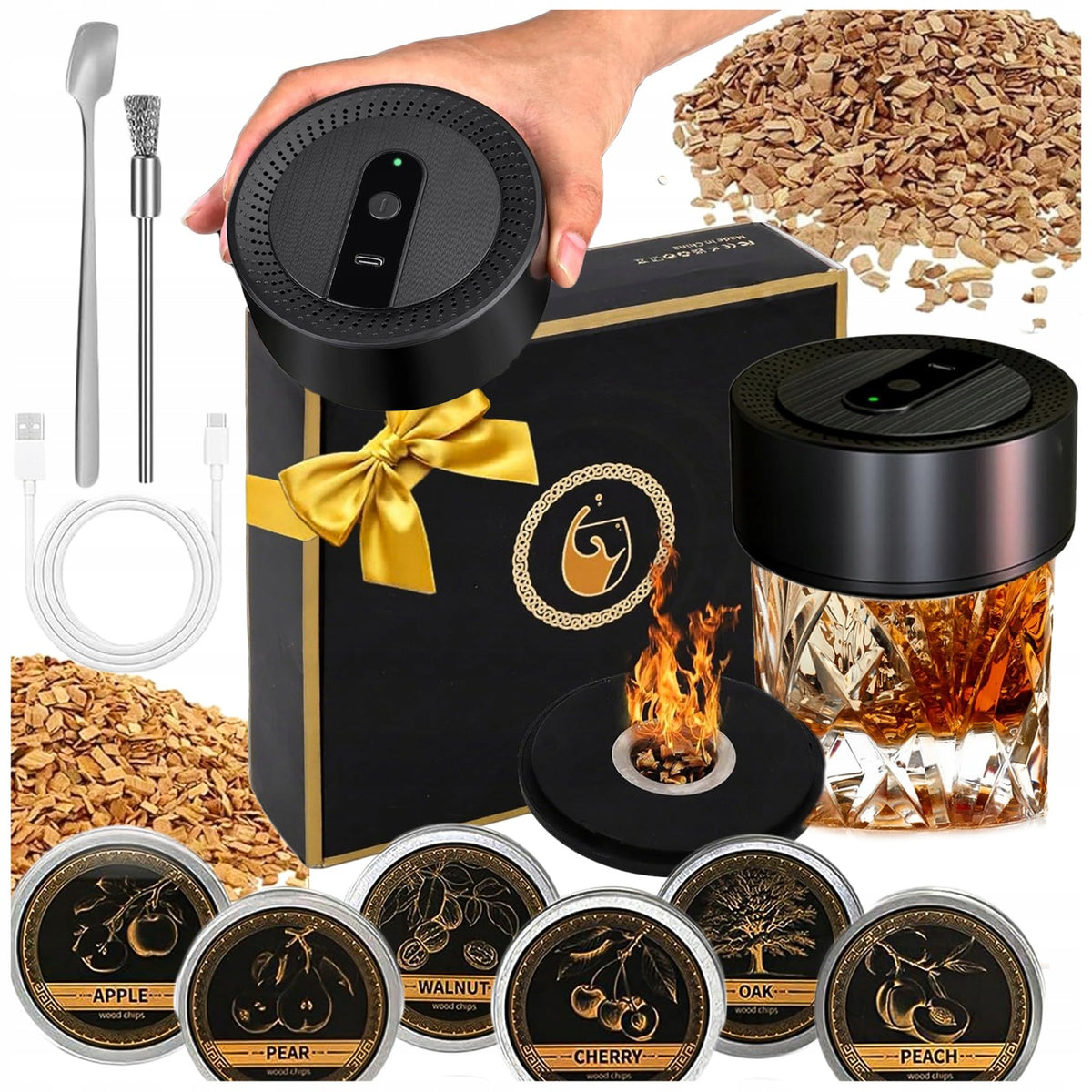 Zestaw do wędzenia whisky smoker drewienka 6 USB prezent dzień chłopaka aromatyzator koktajli, drinków i bourbonu