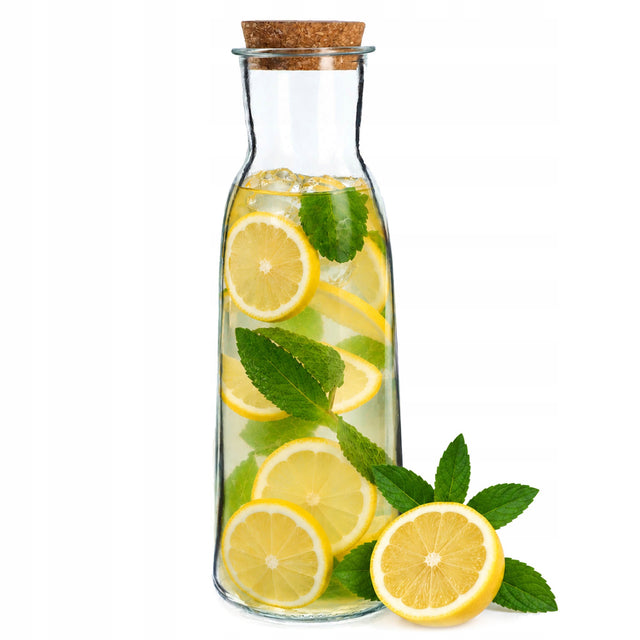 Karafka dzbanek szklany na wodę 1000ml 1 litr wody wina napojów korek przezroczysta, do soków i lemoniady, można myć w zmywarce szklany pojemnik do