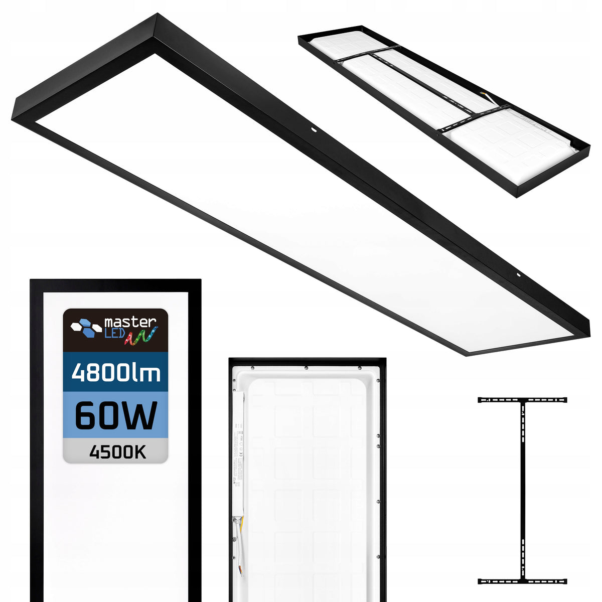 Panel LED Lampa Sufitowa Plafon Natynkowy 60W 120x30cm czarny kwadratowa oprawa ze zintegrowanym źródłem, neutralna