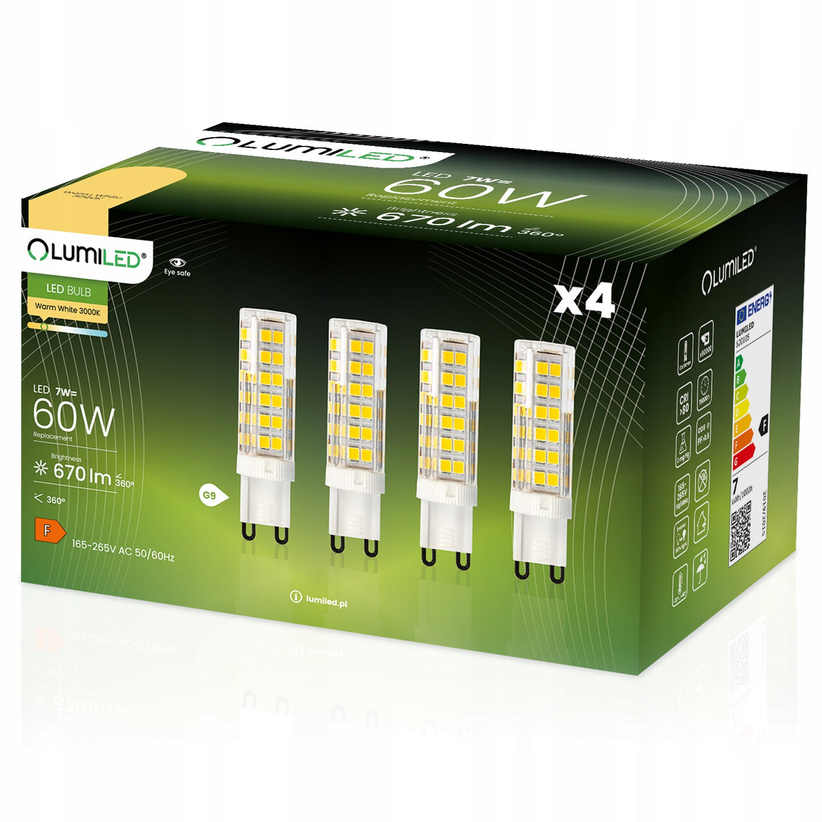 4x Żarówka LED kapsułka mini G9 7W = 60W 3000K ciepła barwa 230V lumiled źródło światła do lampy, jasność 670 lm