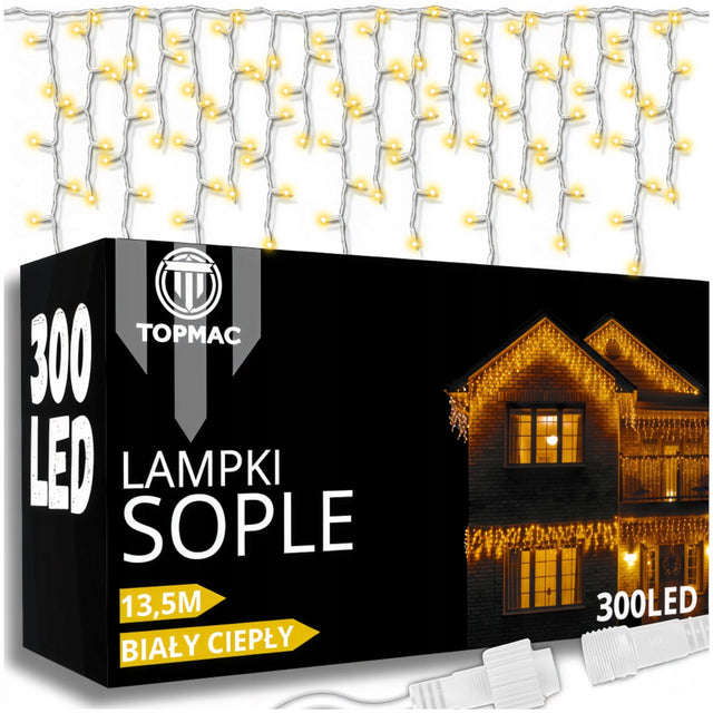 Lampki sople zewnętrzne 300 LED kurtyna świetlna białe ciepłe stałe + flash 10,5 cm