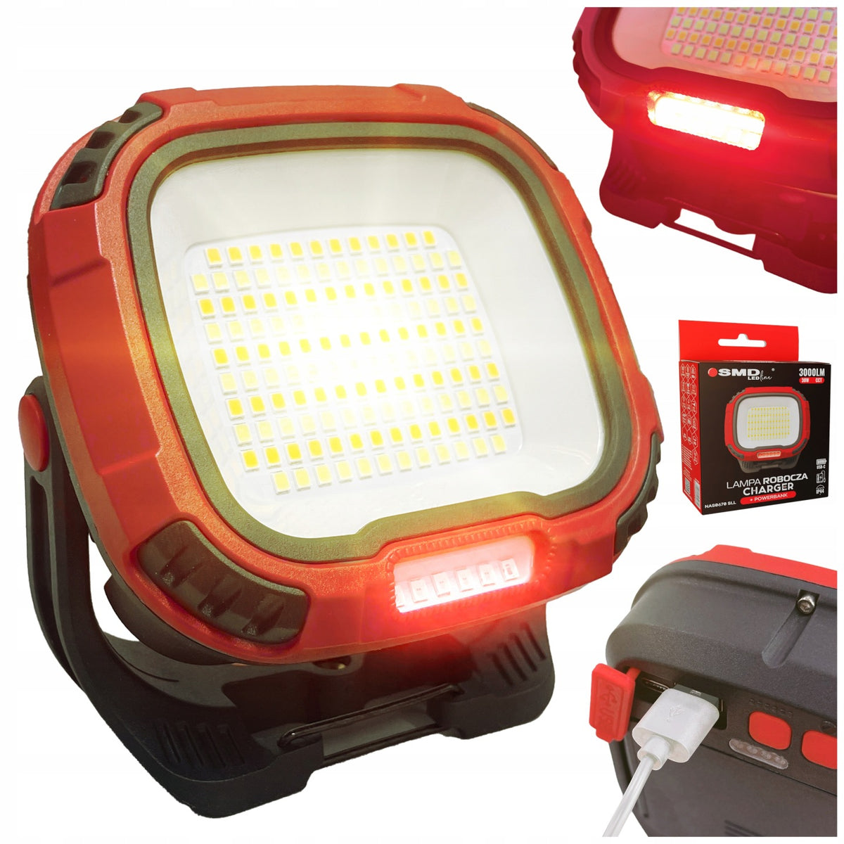 Naświetlacz Halogen LED Budowlany Lampa Robocza przenośna Powerbank usb-c reflektor warsztatowy 3000 lm 30 w IP44
