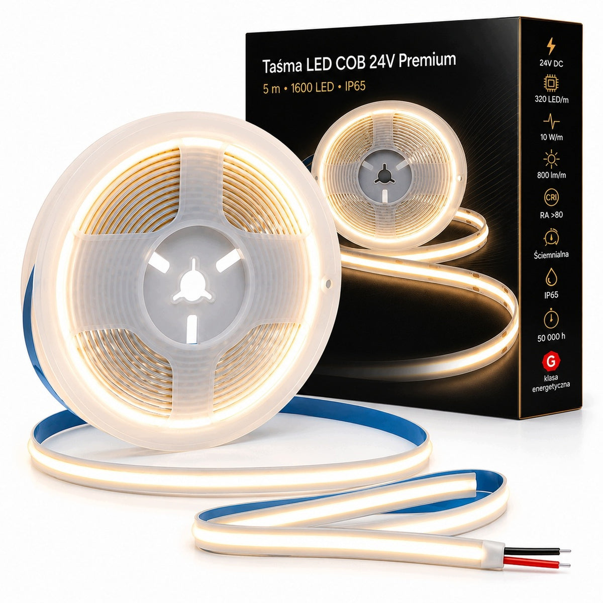 Taśma LED COB 24V 5m 4000K Biała Neutralna wodoodporna Rolka IP65 1600 LED pasek świetlny, oświetlenie liniowe, 50 w