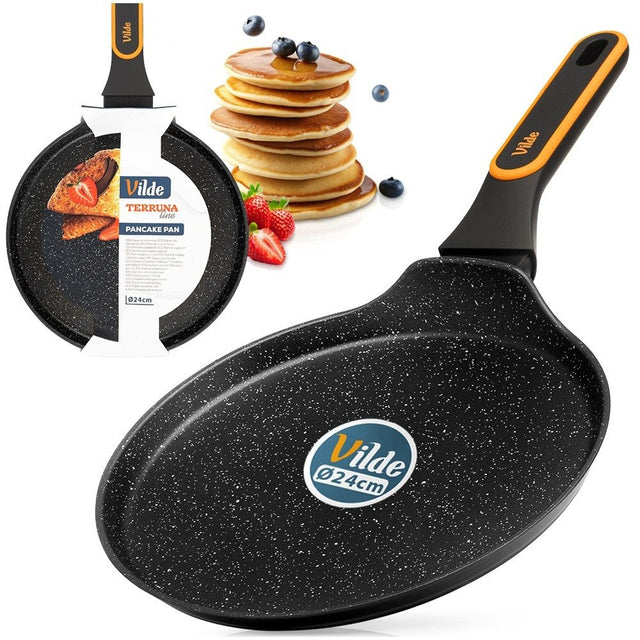 Patelnia granitowa do naleśników placków omletów niska płaska 24 cm vilde naleśnikarka na indukcję, gaz, ceramikę i elektrykę, do zmywarki