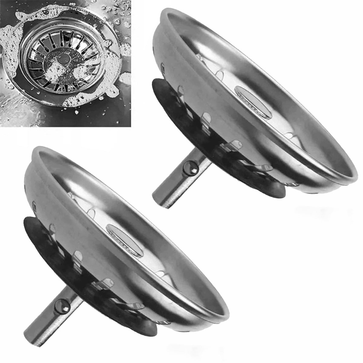 2 szt. Sitko do zlewozmywaka zlewu korek syfon srebrny automatyczny metalowy filtr odpływowy 81 mm, koszyczek kuchenny