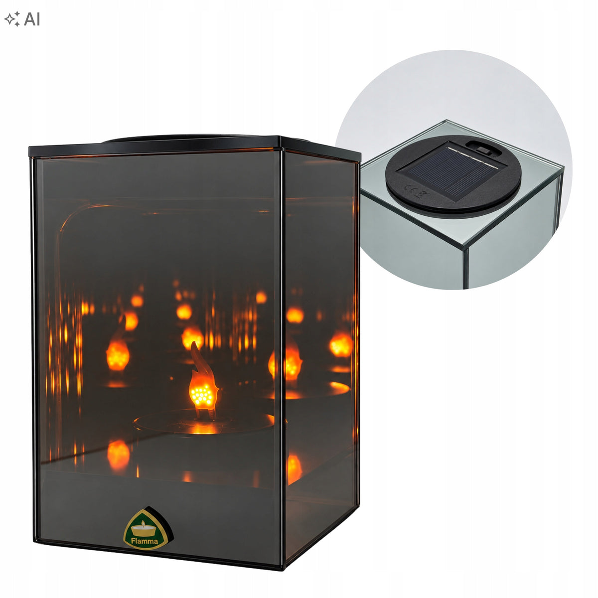 Lampion Solarny Lustrzany Znicz LED 3D 10 cm x 15 cm efekt płomienia 3D na cmentarz, ozdoba nagrobna, dekoracja grobu