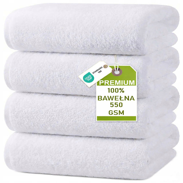 4x Ręcznik Hotelowy bawełniany gruby Duży 70x140 Biały premium 550g kąpielowy szybkoschnący antybakteryjny gładki do łazienki