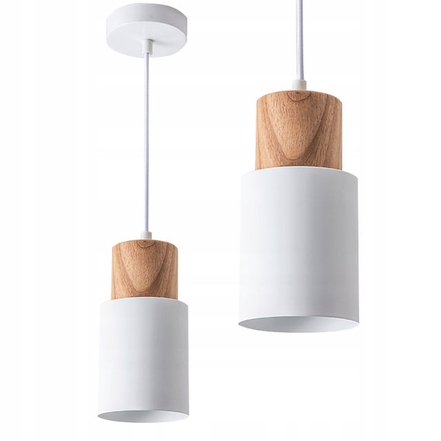 Lampa Wisząca Sufitowa Naturalne Drewno Tuba Nowoczesna Żyrandol Biała E27 oprawa do salonu, kuchni i jadalni, metalowa, 1 punkt światła, 20 w