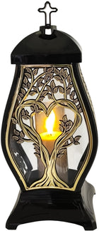 Znicz kapliczka na grób czarno-złota drzewo krzyż elegancki nagrobny lampka cmentarna LED, wysokość 36 cm