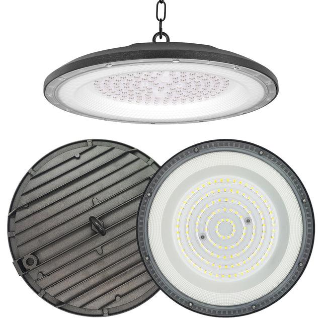 Lampa przemysłowa LED UFO High Bay 100W 10000lm do garażu na hale magazyn oprawa wisząca do warsztatu, pomieszczeń technicznych, czarna