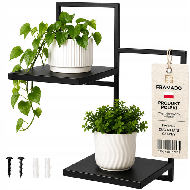 Kwietnik loft wiszący metalowy czarny 2PÓŁKI produkt polski premium ścienny półka na rośliny, ekspozytor na doniczki, dekoracja do salonu