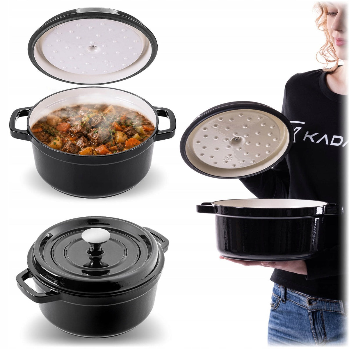 Garnek żeliwny 4,5l emaliowany z pokrywą indukcja GAZ piekarnik czarny 23cm brytfanna, naczynie do duszenia i zapiekania