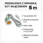 Oprawka żarówki gniazdo E27 z kablem i włącznikiem 5m biały 40W przewód oświetleniowy z przełącznikiem, uchwyt na