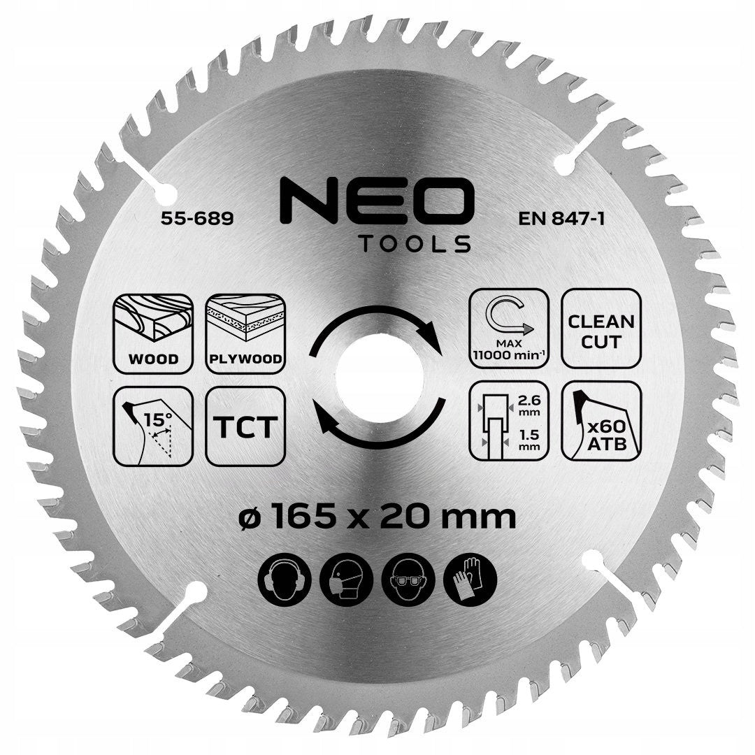 NEO tarcza widiowa do pilarko-zagłębiarki 165 x 20mm 60 zębów 55-689 drewno MDF płyty wiórowe precyzyjne cięcie rzaz