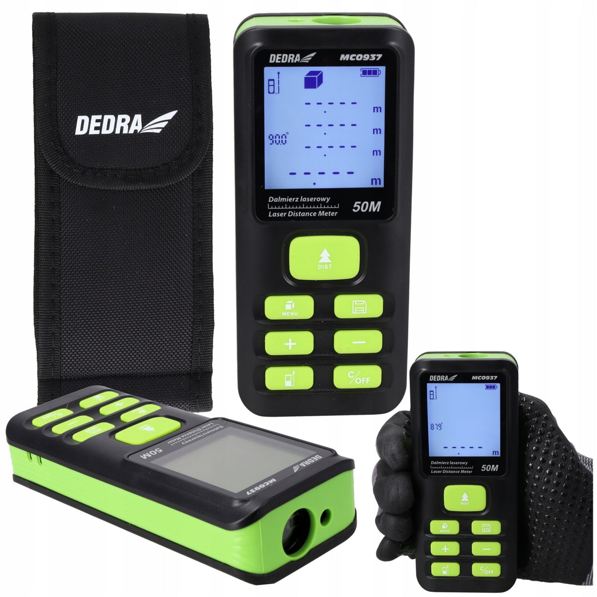 Dalmierz laserowy 50m 7 funkcji IP54 pomiar kąta LCD pamięć 99 etui dedra miernik odległości do wnętrz, obliczanie