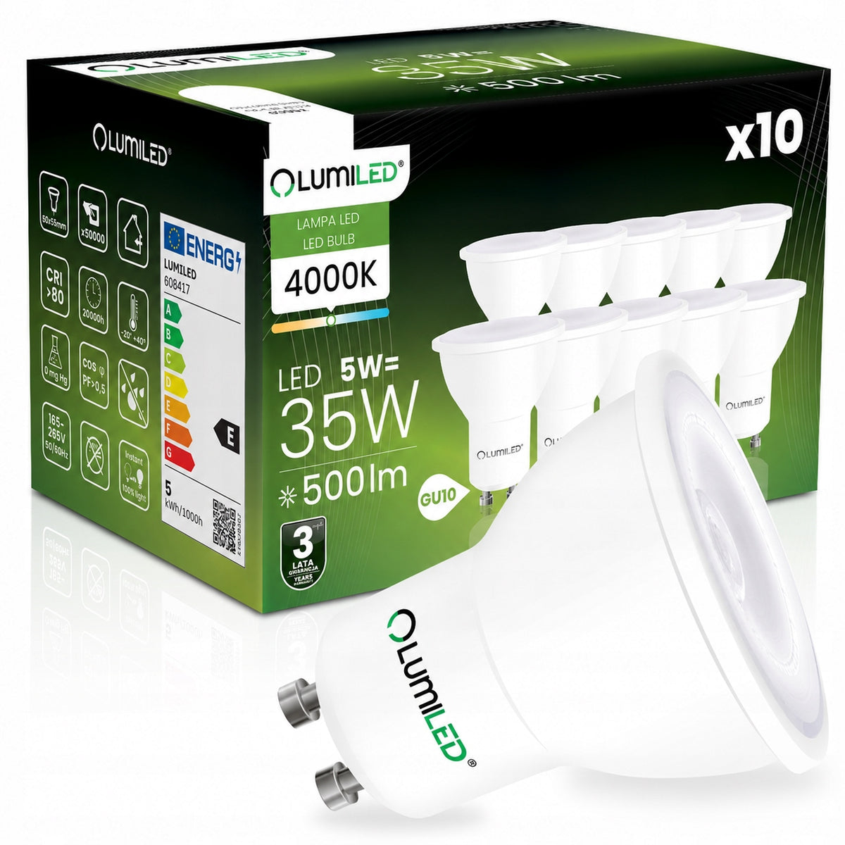 10x Żarówka LED GU10 5W biała neutralna 4000K mocna niemrugająca premium reflektor 500 lm spot do lamp i opraw